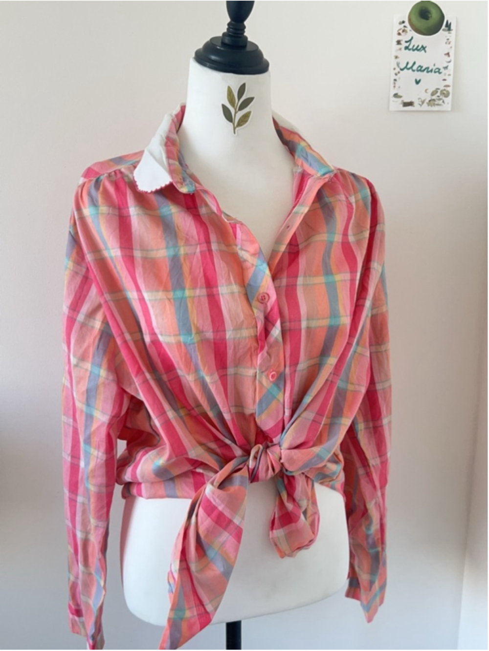 Vintage Made in USA Pink Coral Plaid Button Up Shirt M Tie Front Preppy